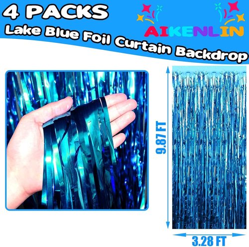 Lake Blue Foil Fringe Curtain Backdrop by [Brand Name] - 4 Pack Metallic Tinsel Streamers | 3.2Ft x 9.8Ft for Parties, Weddings, and Events