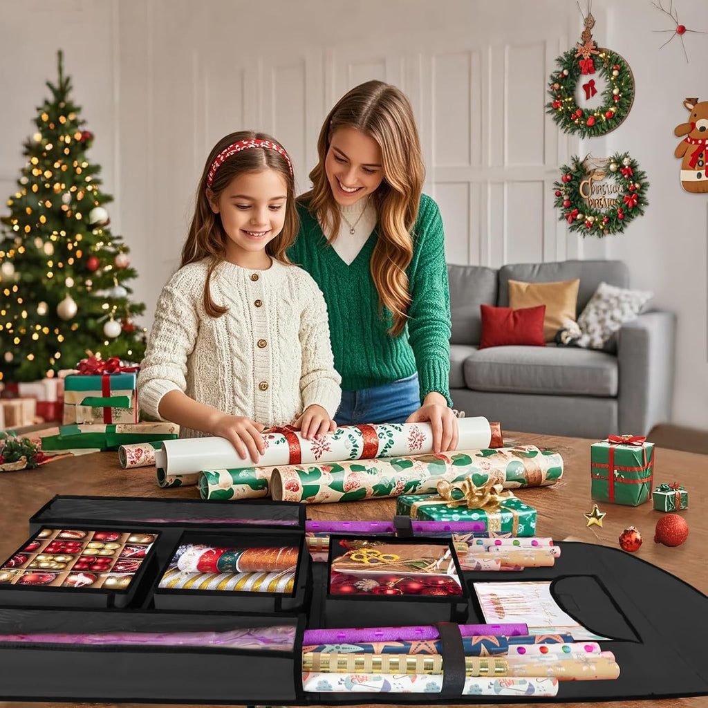 Woodoulogy Gift Wrapping Paper Storage Bag - 40" X 17" Double-Sided Black Organizer for Christmas Wrap