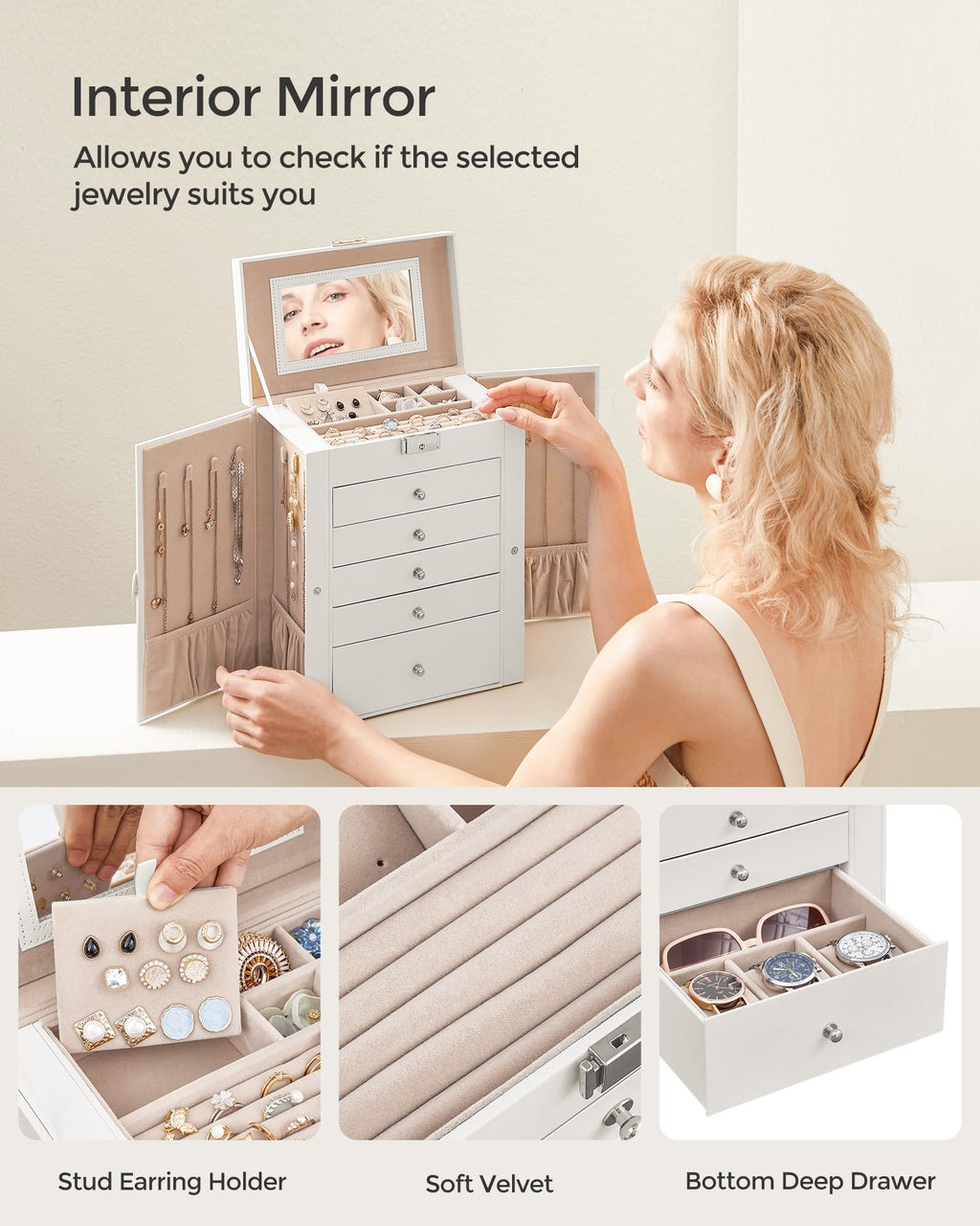 SONGMICS 6-Layer Jewelry Box Organizer with 5 Drawers, Jewelry Storage Case with Lock and Mirror, Large Storage Capacity, Gift for Loved Ones, for Necklaces, Watches, White UJBC152W01
