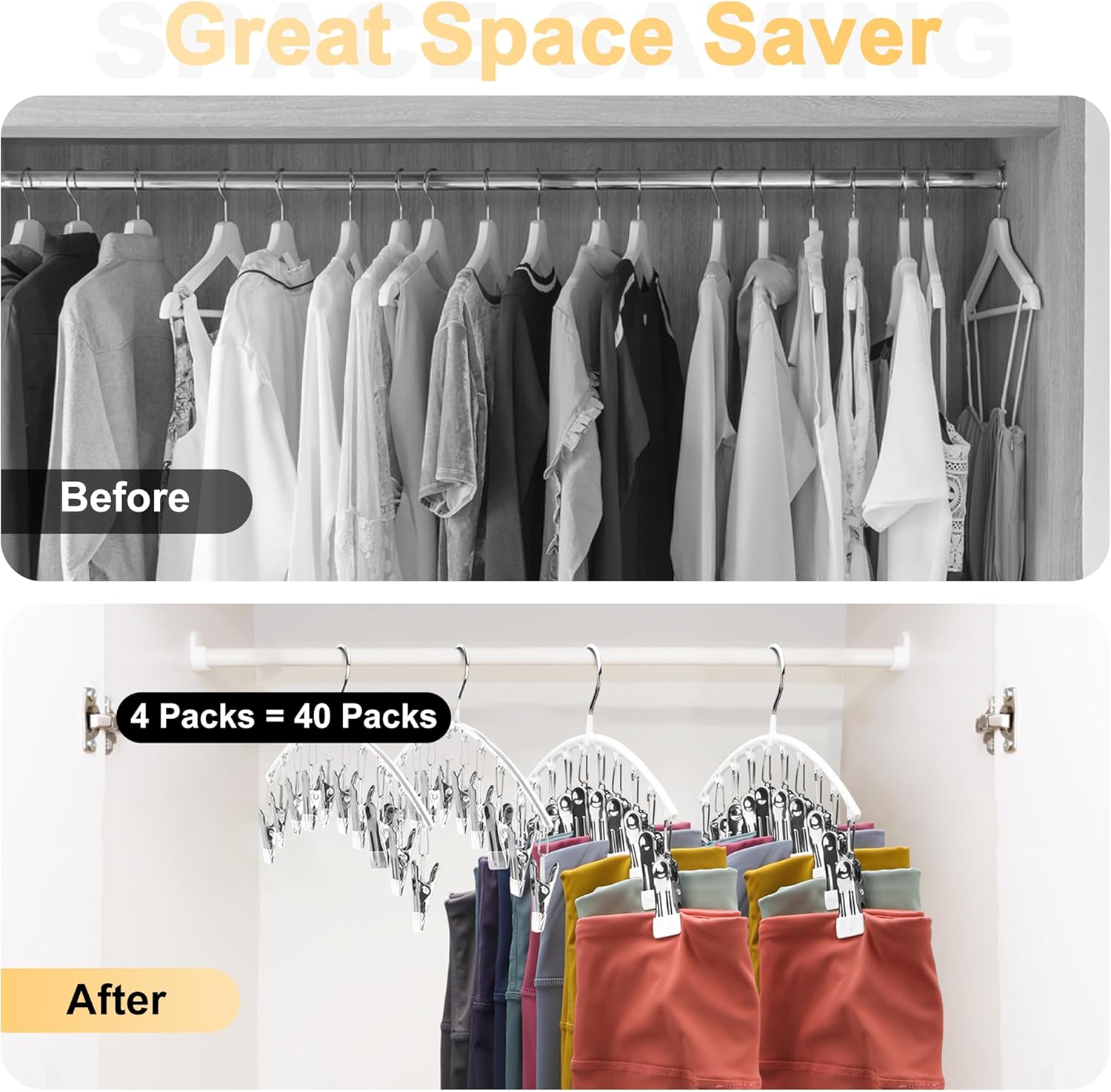 Skiennix Legging Organizer - Space-Saving Metal Yoga Pants Hanger with 10 Clips - 4 Pack, White