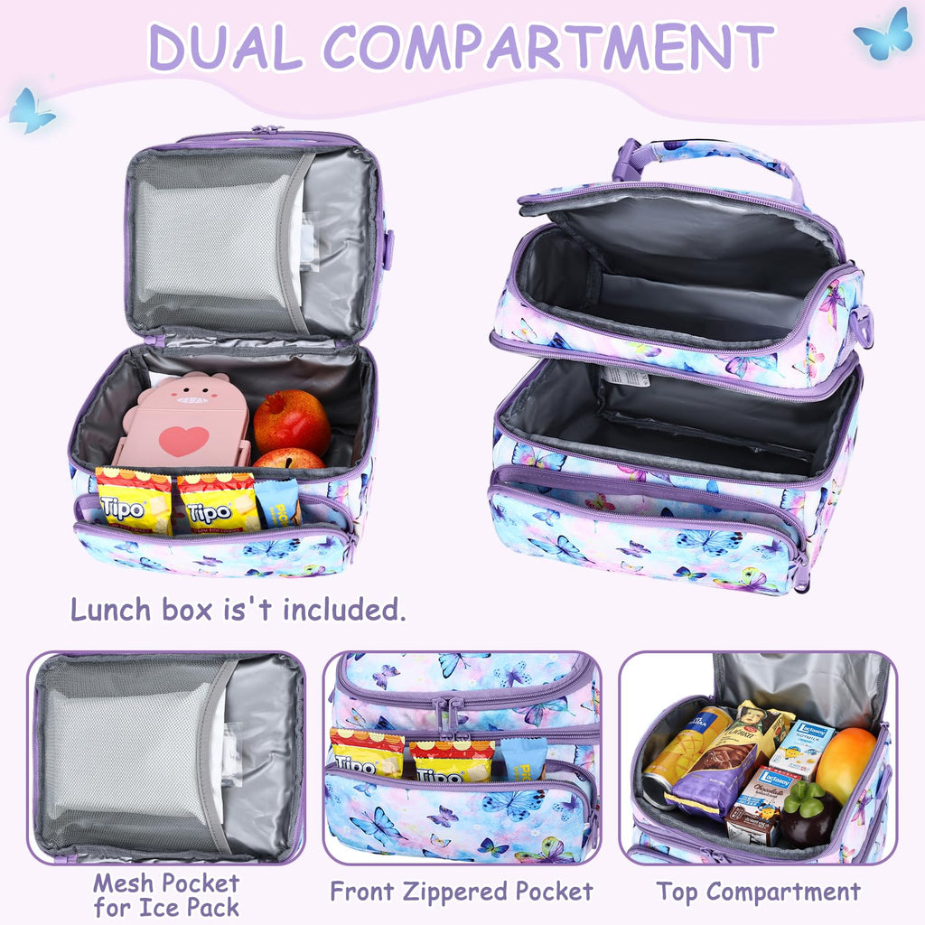 Kasqo Lunch Bag Kids, Dual Compartment Insulated Cooler Bag 7.5L Girls Boys Toddler Lunch Box Containers for Daycare School Kindergarten Travel Ombre Butterfly