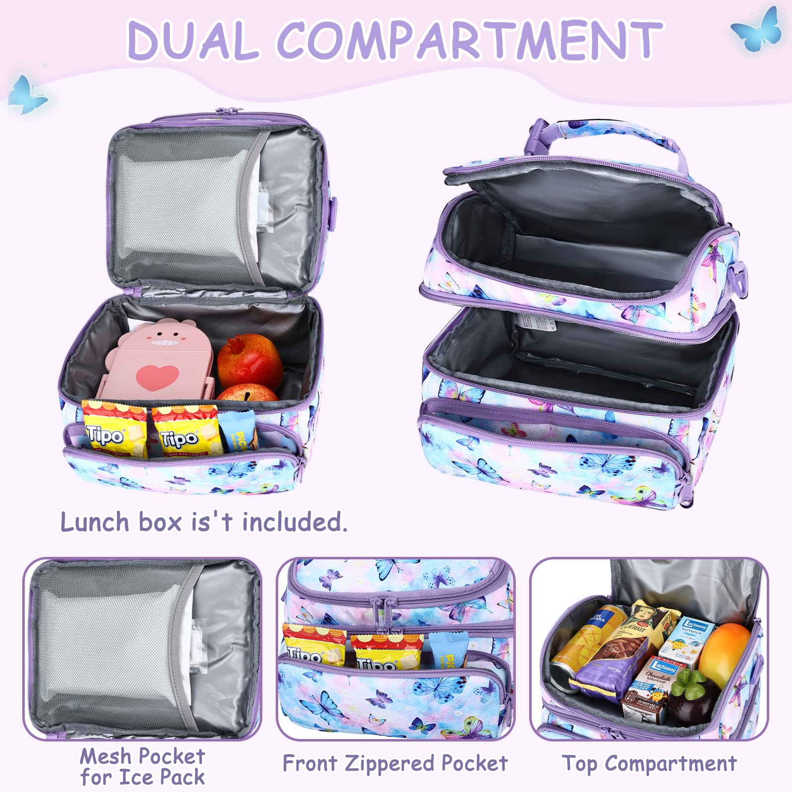 Kasqo Lunch Bag Kids, Dual Compartment Insulated Cooler Bag 7.5L Girls Boys Toddler Lunch Box Containers for Daycare School Kindergarten Travel Ombre Butterfly