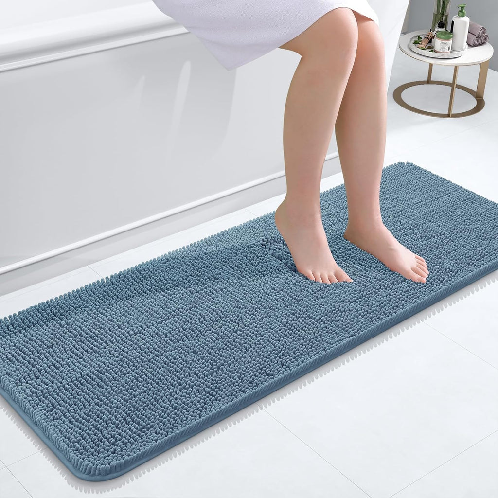 OLANLY Bathroom Runner Rug - Soft Absorbent Chenille with Rubber Backing | Quick Dry, Machine Washable, 47x17, Airy Blue