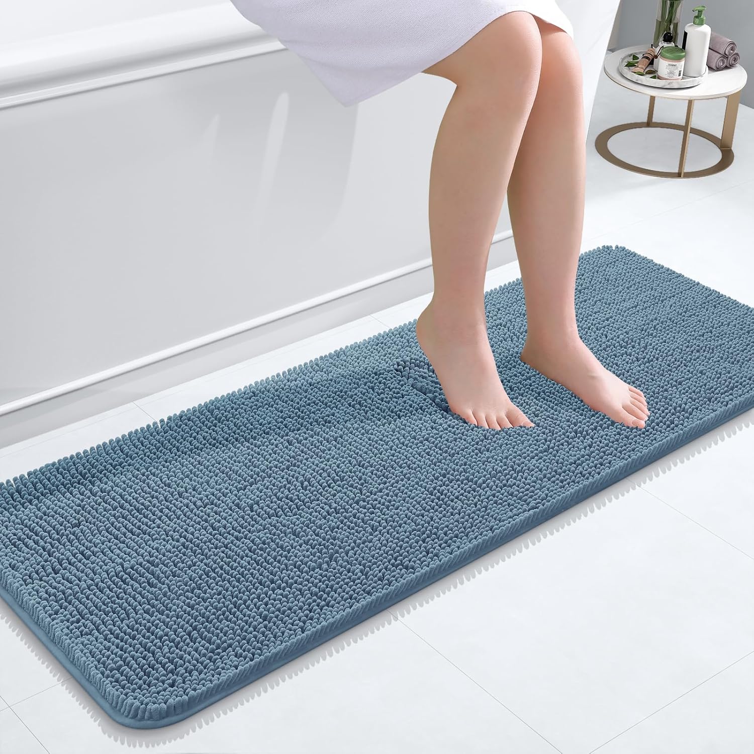 OLANLY Bathroom Runner Rug - Soft Absorbent Chenille with Rubber Backing | Quick Dry, Machine Washable, 47x17, Airy Blue
