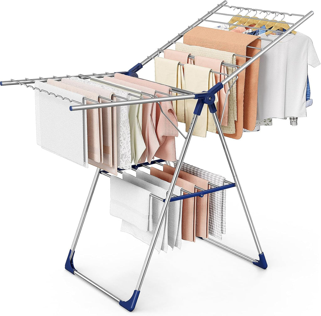 Sakugi Clothes Drying Rack - Height-Adjustable Metal Laundry Stand for Indoor & Outdoor Use | 55.5" L × 22.8" W, Silver Blue