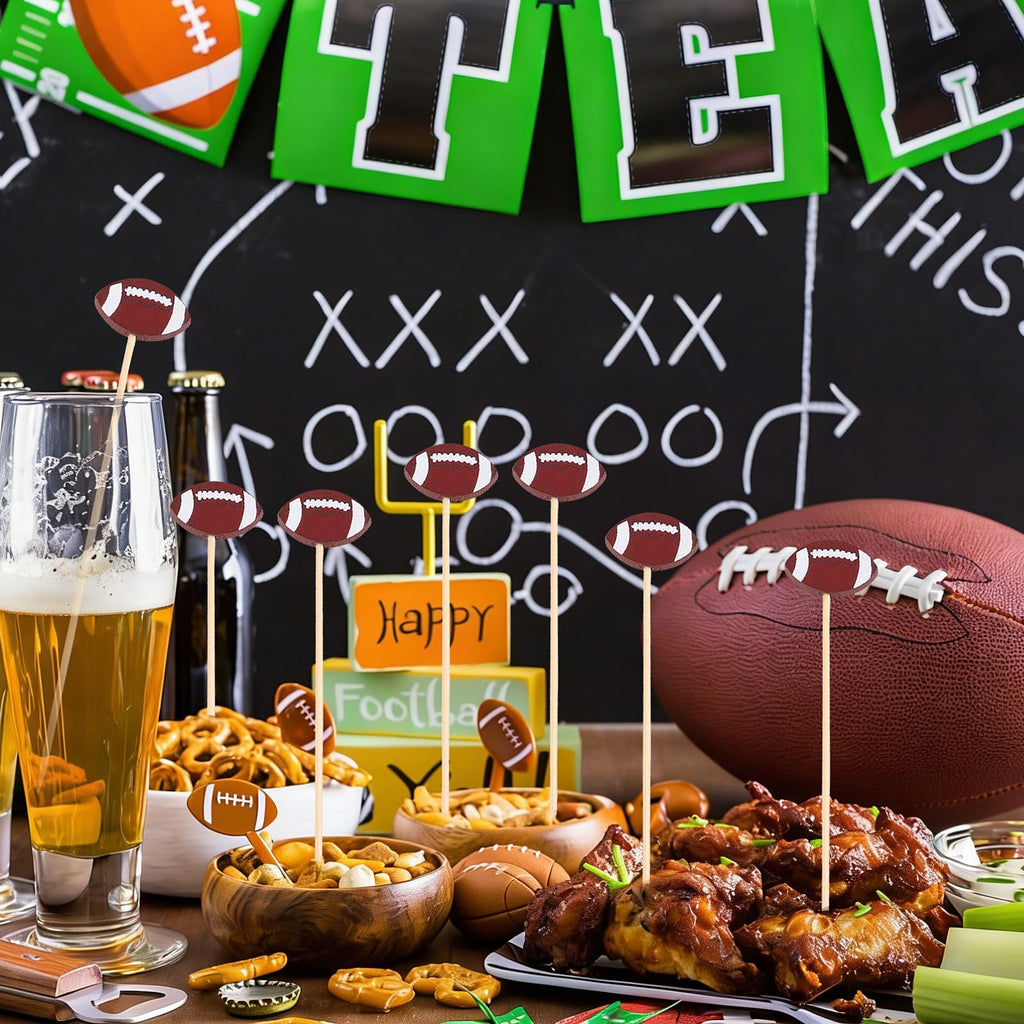 FOIMAS 120pcs Football Cocktail Picks,Football Cocktail Picks for Appetizers Fruit Food Cake Skewers Holiday Birthday Rugby Ball Themed Party Decorations