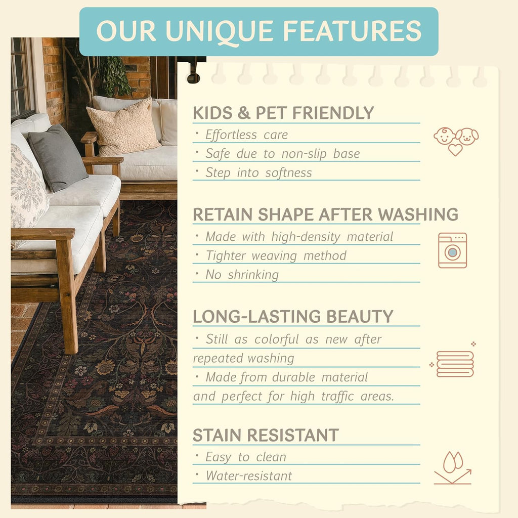 Skiennix Washable 2x6 Kitchen Runner Rug - Non-Slip Dark Brown Floral Design for Farmhouse & Cabin