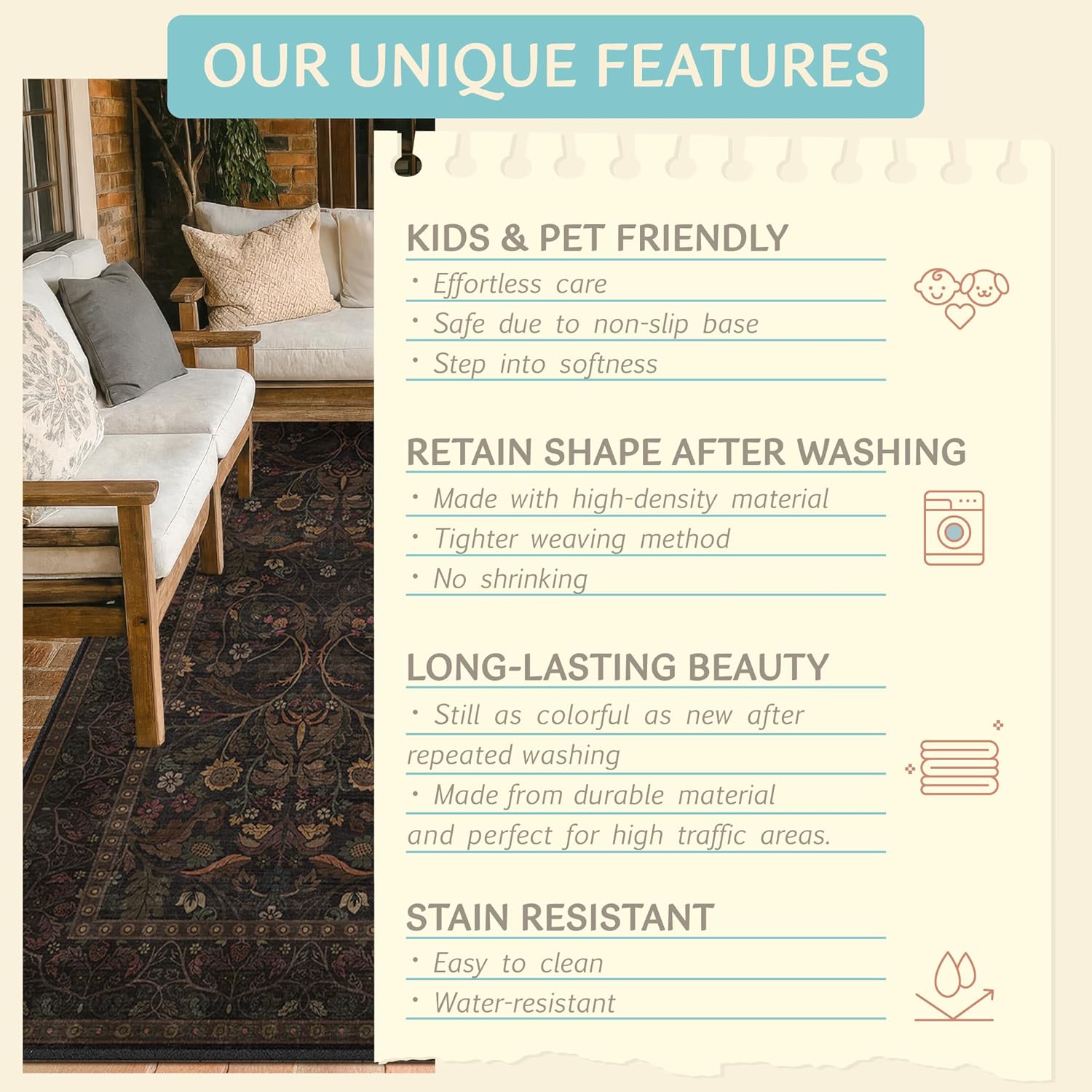 Skiennix Washable 2x6 Kitchen Runner Rug - Non-Slip Dark Brown Floral Design for Farmhouse & Cabin