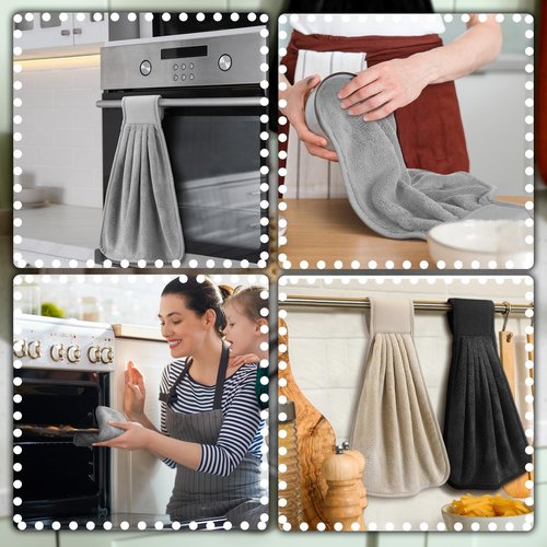 Breling 6 Pcs Kitchen Hanging Towel with Hanging Loop Absorbent Coral Fleece Kitchen Tie Towels Rustic Bathroom Dish Cloth Soft Thick Dry Cleaning Hand Dishcloths for Home Bathroom Cooking(Classic)