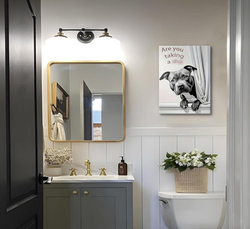 KADEYEE Funny Dog Bathroom Wall Art - French Bulldog Peeking Into Toilet | Black & White Framed Print 12x16 Inch