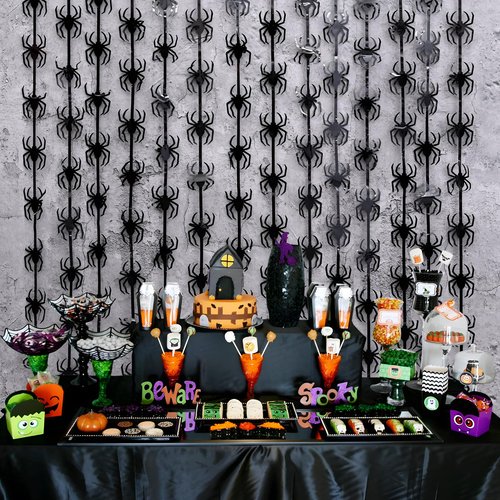 Menstarsi Halloween Party Decorations, 2 Pack Black Spider Tinsel Foil Fringe Curtains, Photo Booth Prop Streamers Backdrop for Halloween Theme Birthday Party Supplies Home Decor