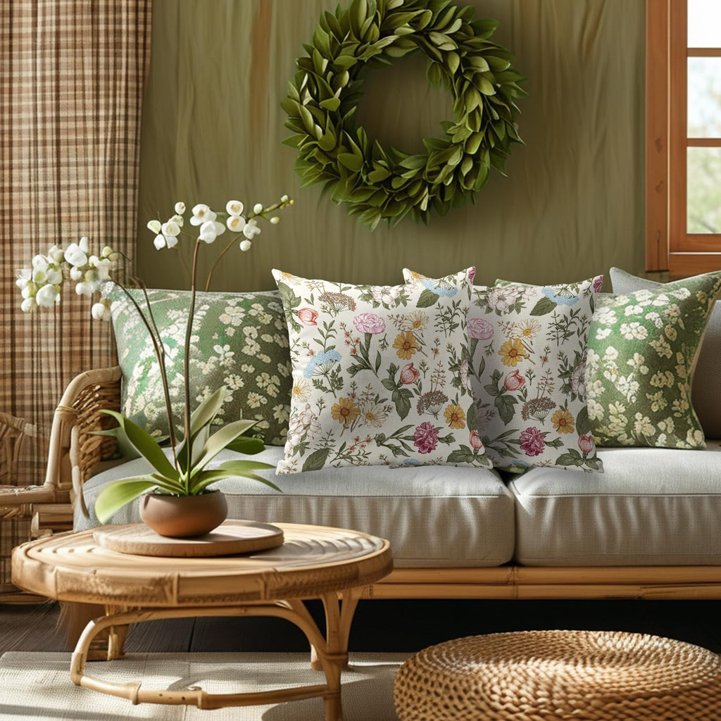 Spring Floral Pillow Covers 18X18 Set of 2, Botanical Print Green Flower Plant Pattern Decorative Throw Pillowcases Outdoor Farmhouse Seasonal Cushion Cases Couch Sofa Bed Decor