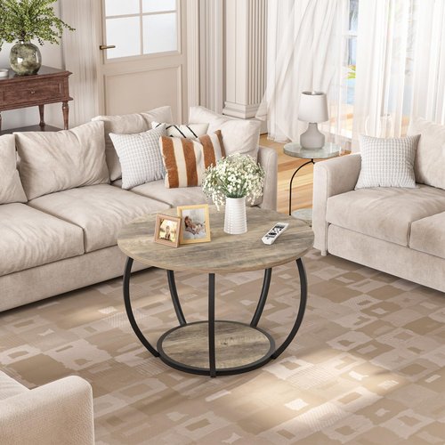 GreenForest Round Coffee Table with 2-Tier Open Storage, 27.6 inch Small Circle Coffee Tables with Adjustable Feet, Modern Mini Center Table for Small Living Room, Grey Wash