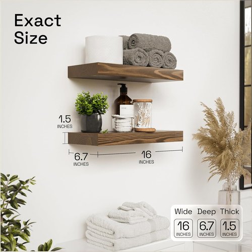 BAOBAB WORKSHOP Walnut Floating Shelves - 16 Inch Wall-Mounted Solid Wood Set of 2 for Kitchen & Bathroom