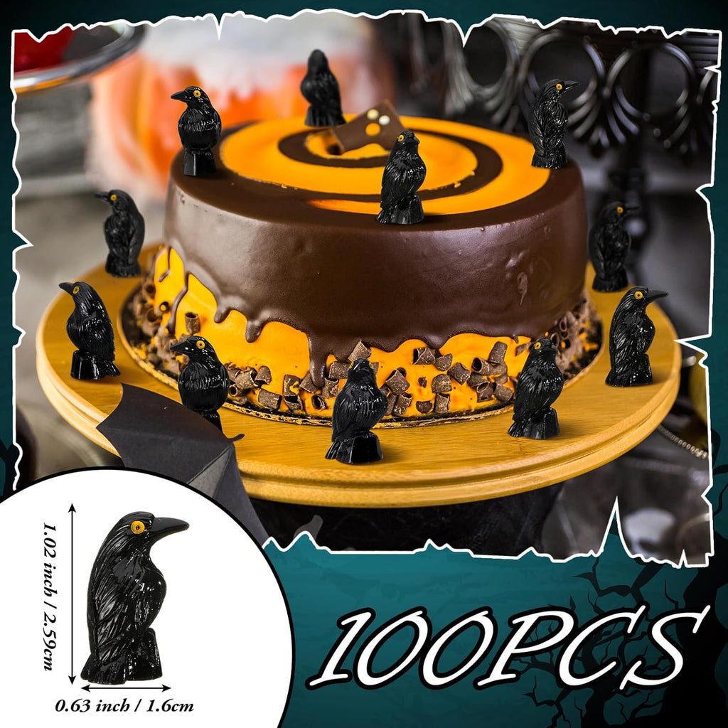 Skiennix Miniature Crows Decor - 100 Pcs Black Resin Raven Figurines for Spooky Holiday Scenes