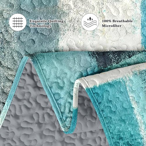 Pamnest Quilt Set Full/Queen Size, Turquoise Grey Painting 3 Pcs Soft Bed Cover Bedding Set for Kids and Adults, Teal Contemporary Gray Lightweight Bedspread Coverlet with Pillow Sham for All Season