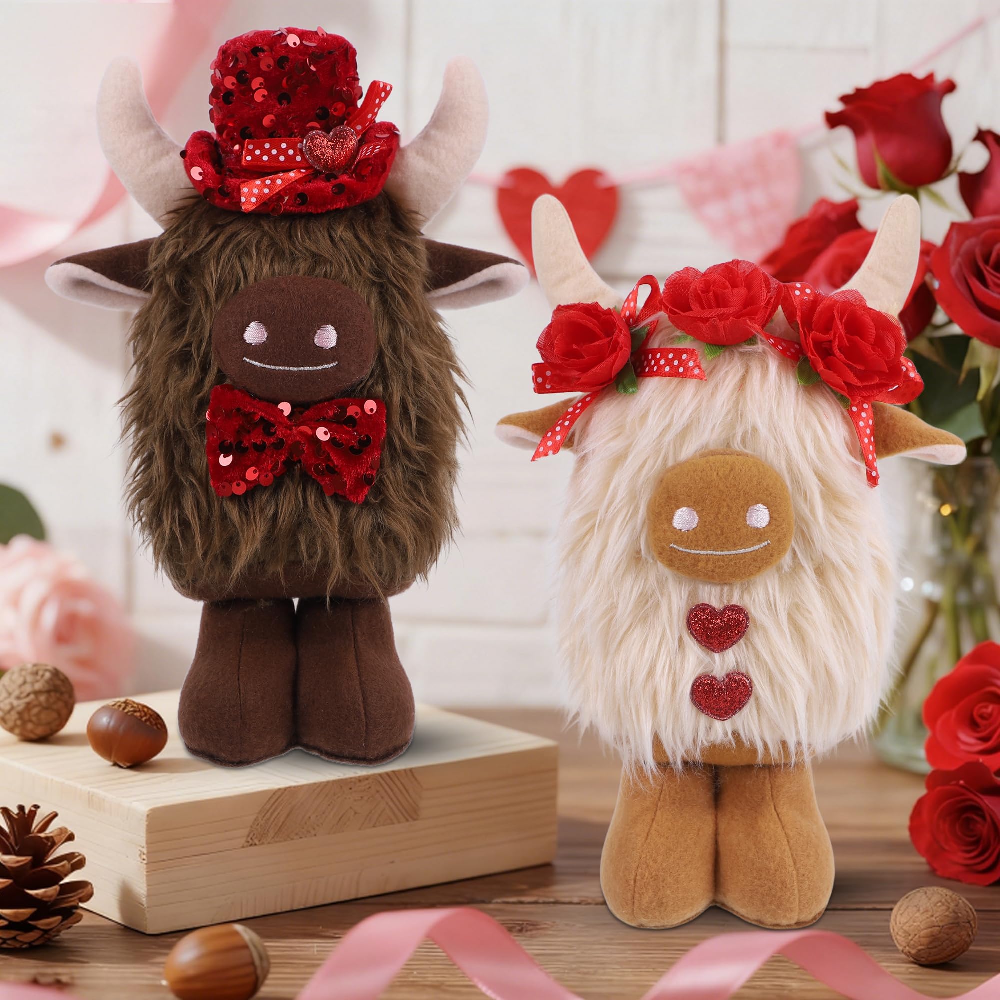 YOFIT 2 Pack Valentines Decorations for Home- Highland Cow Plush with Rose& Heart, Cute Valentine Day Desk & Shelf Display, Romantic Indoor Decor, Valentines Gift for Her/Him