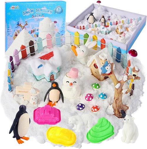 FIIOEOY Snow Sensory Bin - Play Sand Art Kit with Arctic Animal Figures | Winter Wonderland Toy for Kids Ages 3-8