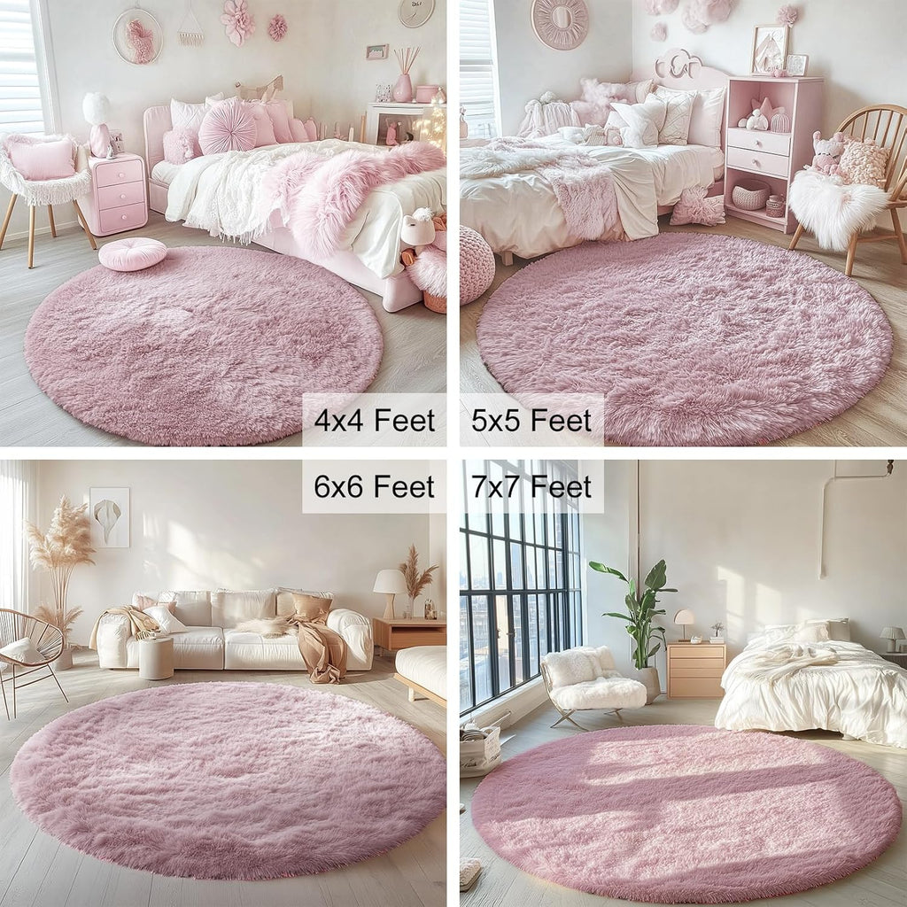 OLANLY Blush Round Rugs - Soft & Fluffy 4 ft Circle Area Rug for Bedroom, Living Room & Nursery Decor