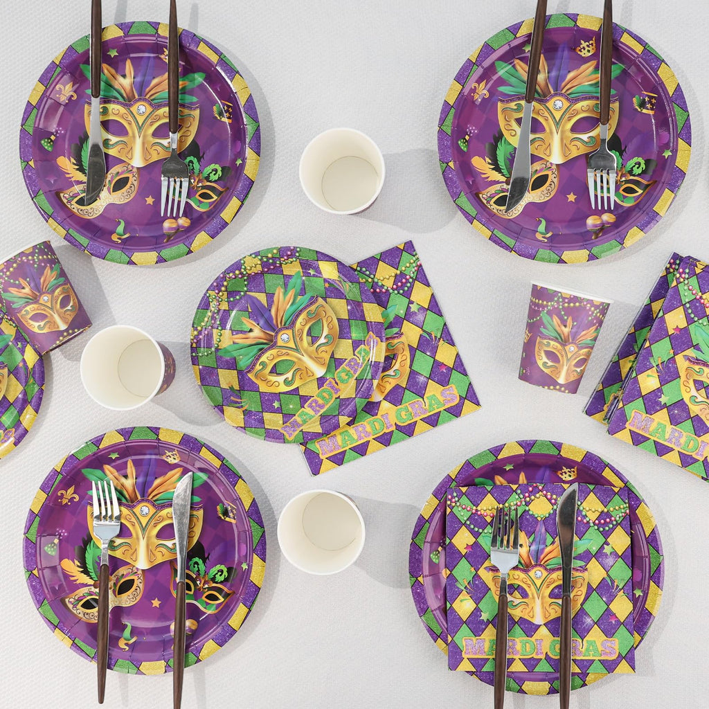 Arosche Mardi Gras Decorations Party Supplies Set for 24-Disposable Paper Plates and Napkins, Cups, New Orleans Masquerade Beads Holiday Tableware Party Decorations for Fat Tuesday Party Table Decor