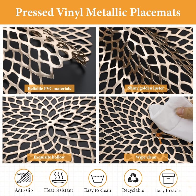 Gold Round Placemats 15 Inch Set of 48 - Non-Slip Vinyl Chargers for Christmas Dinner