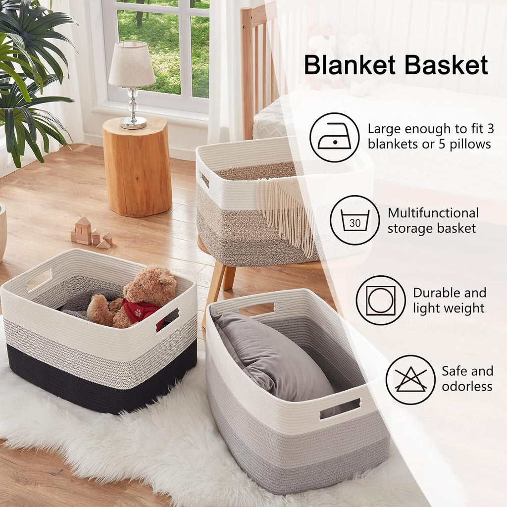 OIAHOMY Large Woven Blanket Basket - 22”x17”x12” Rectangle Storage for Nursery & Living Room | Gradient Yellow