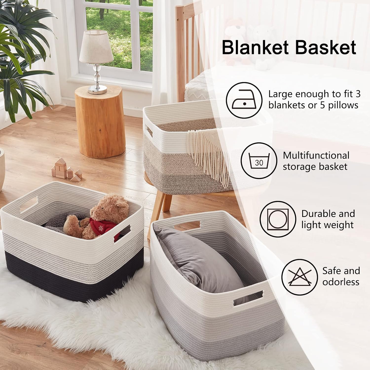 OIAHOMY Large Woven Blanket Basket - 22”x17”x12” Rectangle Storage for Nursery & Living Room | Gradient Yellow