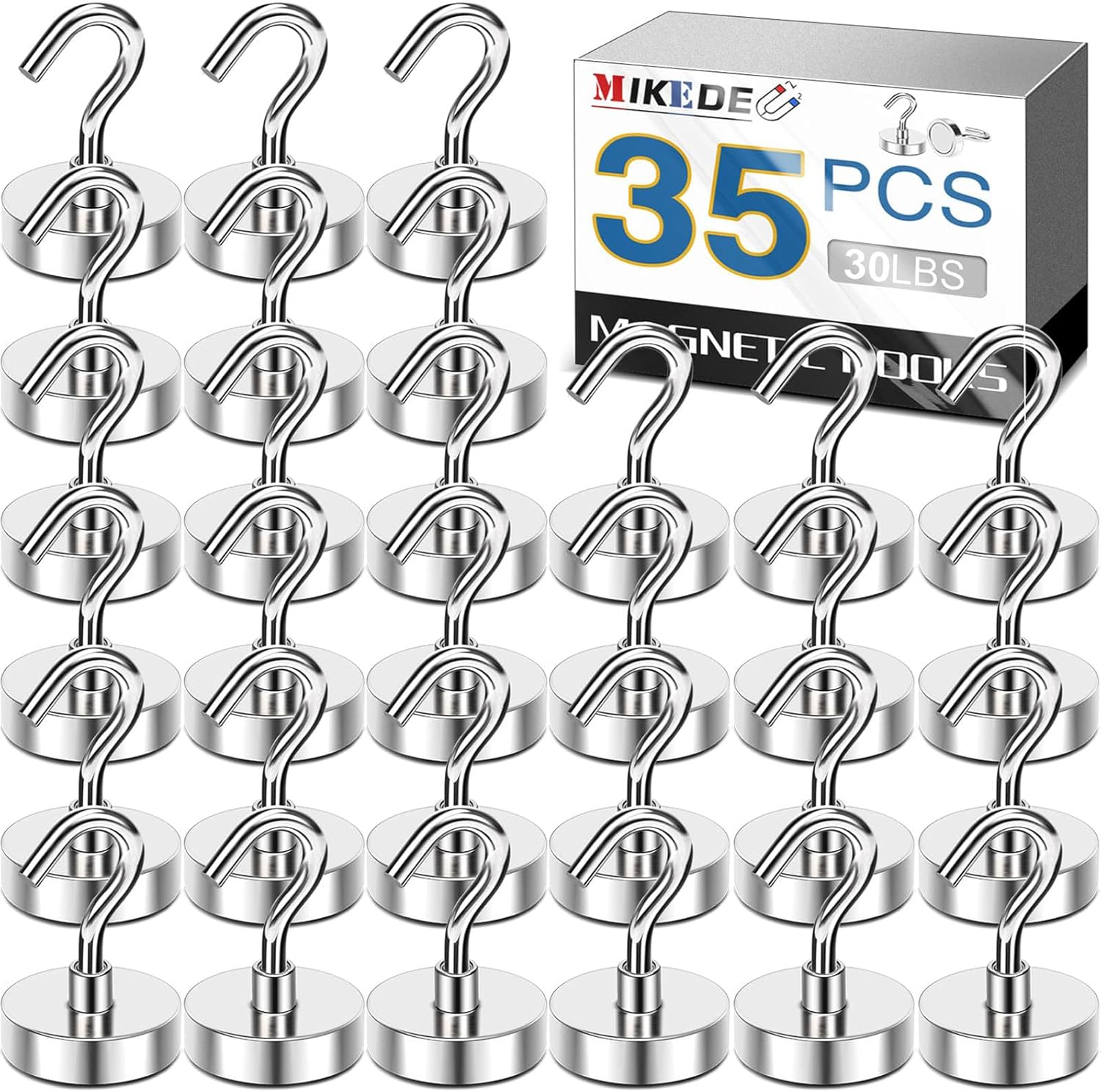 MIKEDE Heavy-Duty Magnetic Hooks - 30LB Neodymium Magnets for Outdoor & Indoor Use | 35-Pack