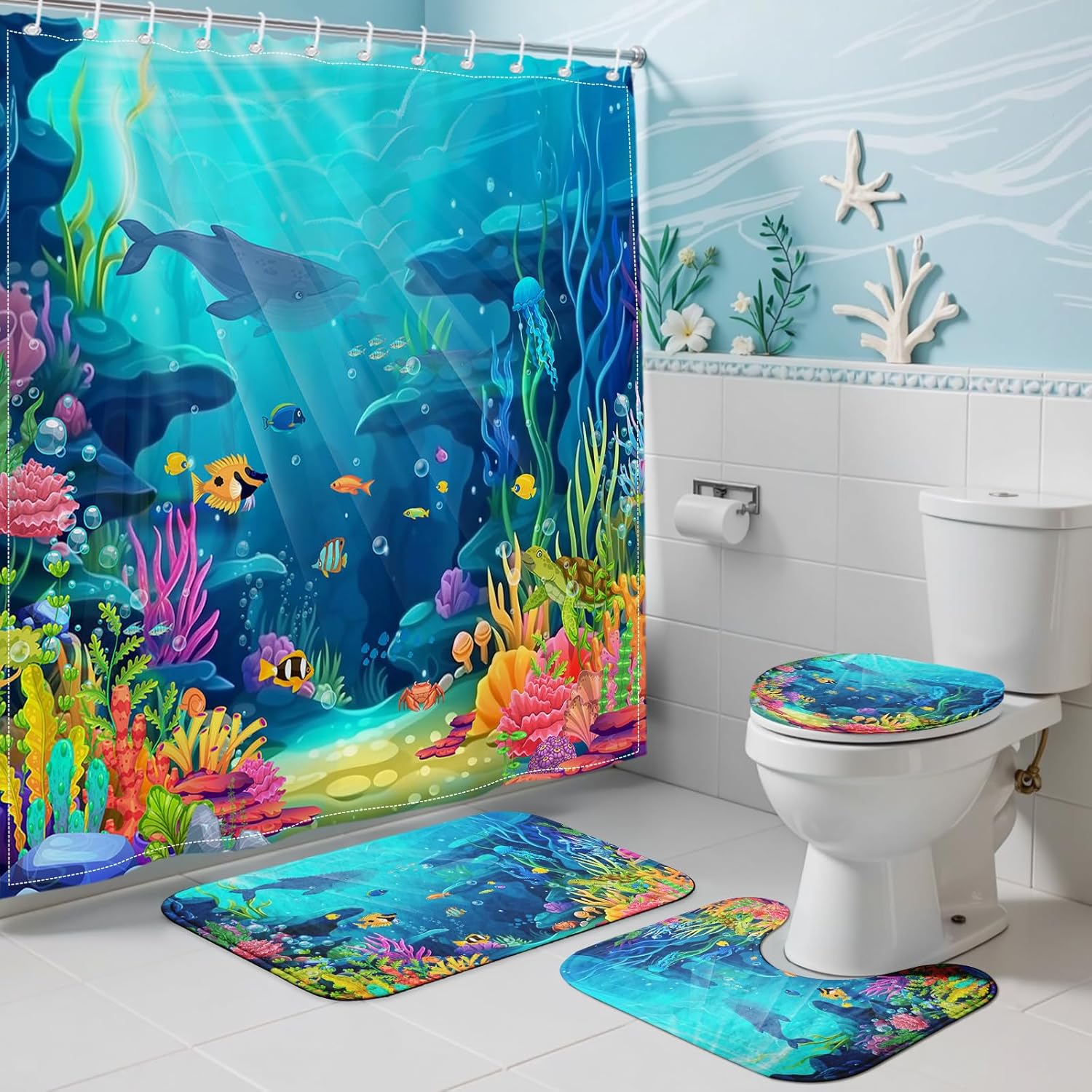 Skiennix Ocean Shower Curtain Set - Tropical Underwater World Design with Non-Slip Bath Rugs | 4-Piece Kids Bathroom Decor