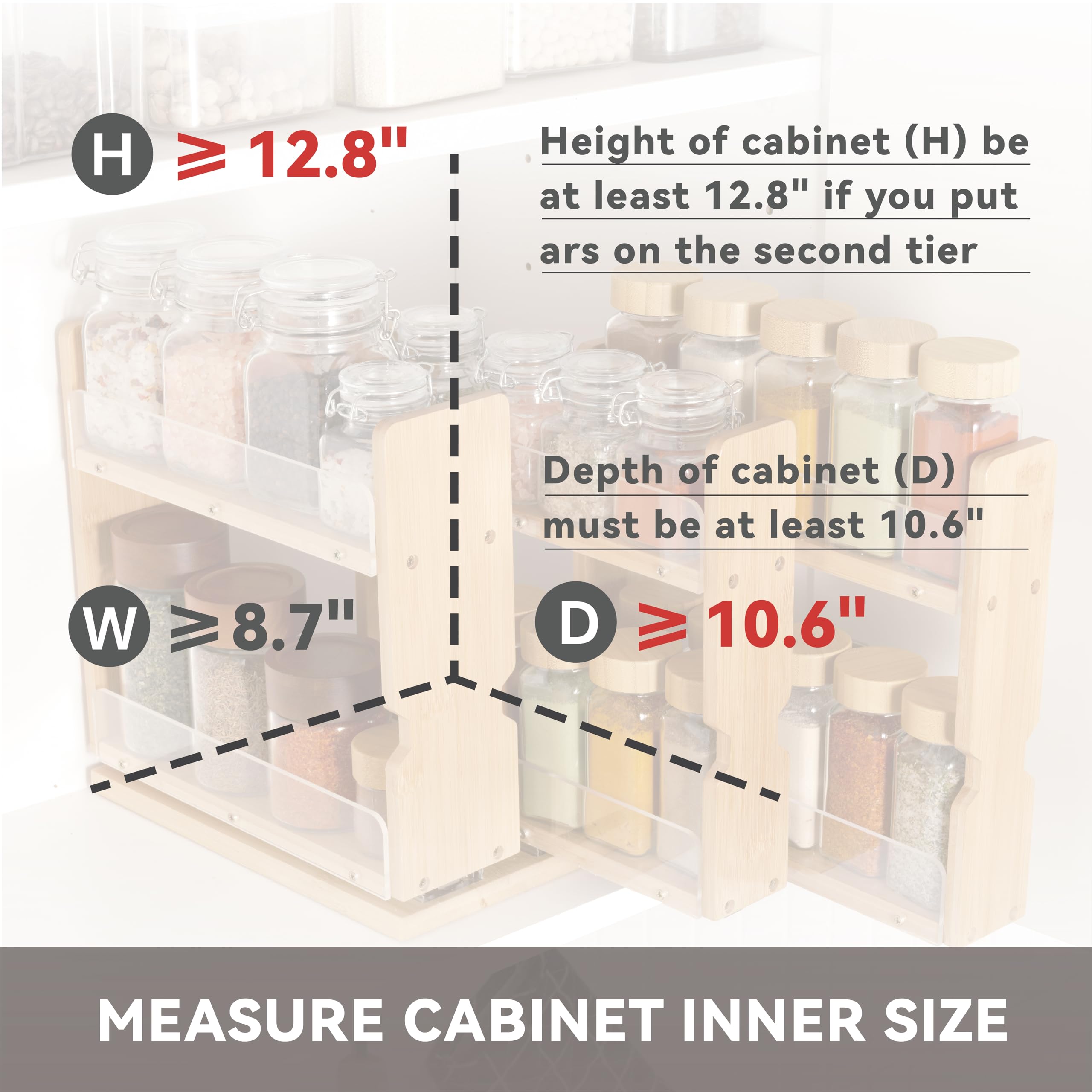 Barlorie Bamboo Pull Out Spice Rack Organizer for Cabinet, 3 Slide-Out Drawers(2"&3") with Wide Drawer for Large Bottles, Kitchen Pantry Heavy-Duty Sliding Vertical Organization, 8.6"W,2-Tier,Natural