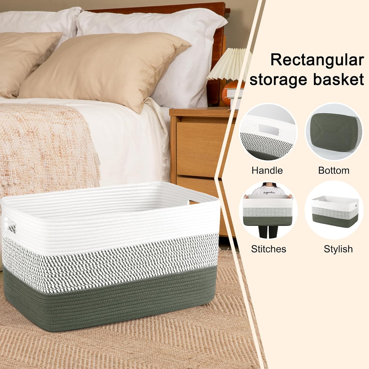 OIAHOMY Large Woven Blanket Basket - 22”x17”x12” Rectangle Storage for Nursery & Living Room | Green/White