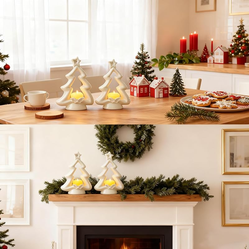 Ceramic Christmas Tree Candle Holders, 2-Pack White Table Decor