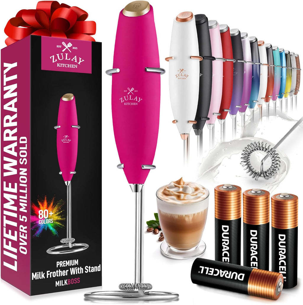 Zulay Kitchen Milk Frother Wand - Ultra Fast Handheld Electric Whisk for Coffee & Lattes - Hot Pink Gold