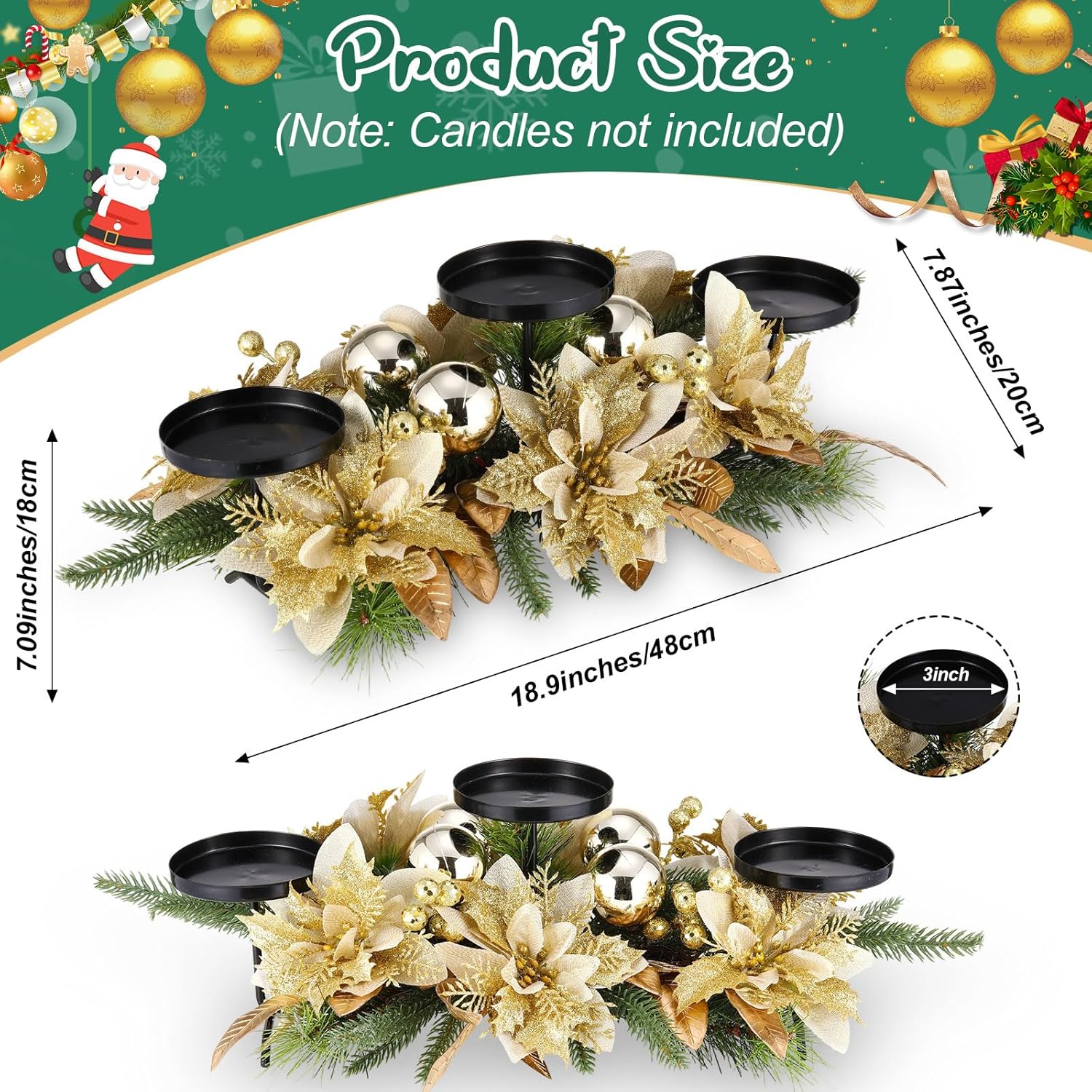Regine Switzerland Christmas Table Centerpiece - 3 Candle Holders with Gold Poinsettia & Pinecones | Festive Ornaments for Holiday Decor