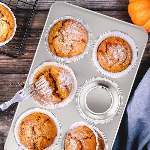 E-far Muffin Pan Set of 2 - Stainless Steel 6-Cup Baking Tray | Non-Toxic & Dishwasher Safe, Regular Size 11.44 x 7.12 x 1.25 Inch