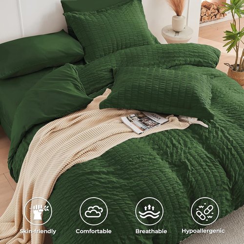 HYMOKEGE Queen Comforter Set - Dark Green Seersucker 7-Piece Luxury Bedding Set for All Seasons