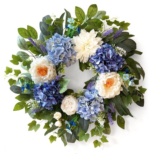 24 Inch Spring Wreaths for Front Door, Spring Summer Door Wreath with Blue Hydrangea White Peony Flower Wreath for All Season Outside Indoor Outdoor Home Porch Wall Decor