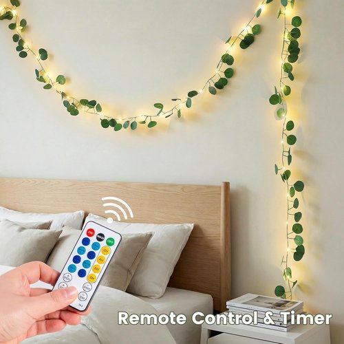 Eucalyptus Garland with 40 LED Fairy Lights - Lighted Greenery Vine with Remote & Timer, Dual Power (USB/Battery) | Cozy Home & Wedding Decor