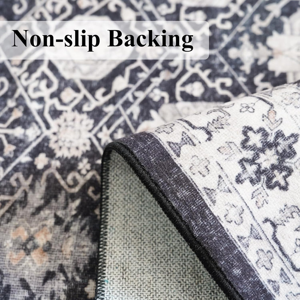 Skiennix Vintage Washable Area Rug - Soft Non-Slip Door Mat | Water-Resistant Low Pile (2x3, Black)