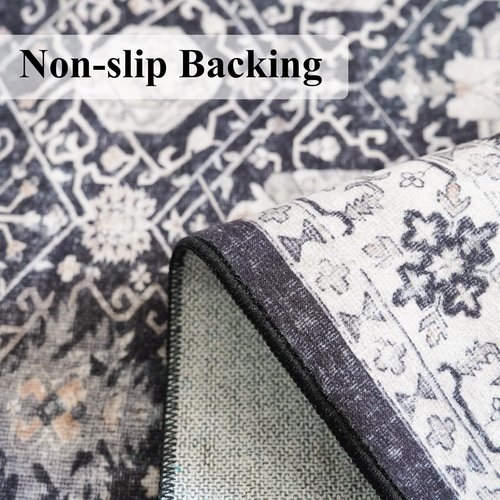 Hallway Washable Runner Rug - Vintage Soft Non-Slip Floor Mat for Kitchen & Entryway | 2'6''x12', Black