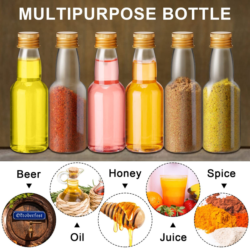 120 Pcs Mini Liquor Bottles Airtight Shot Miniature Empty Plastic Alcohol Spirit Shot Bottles with Funnels for Party Favors, Weddings(2 oz,Gold)