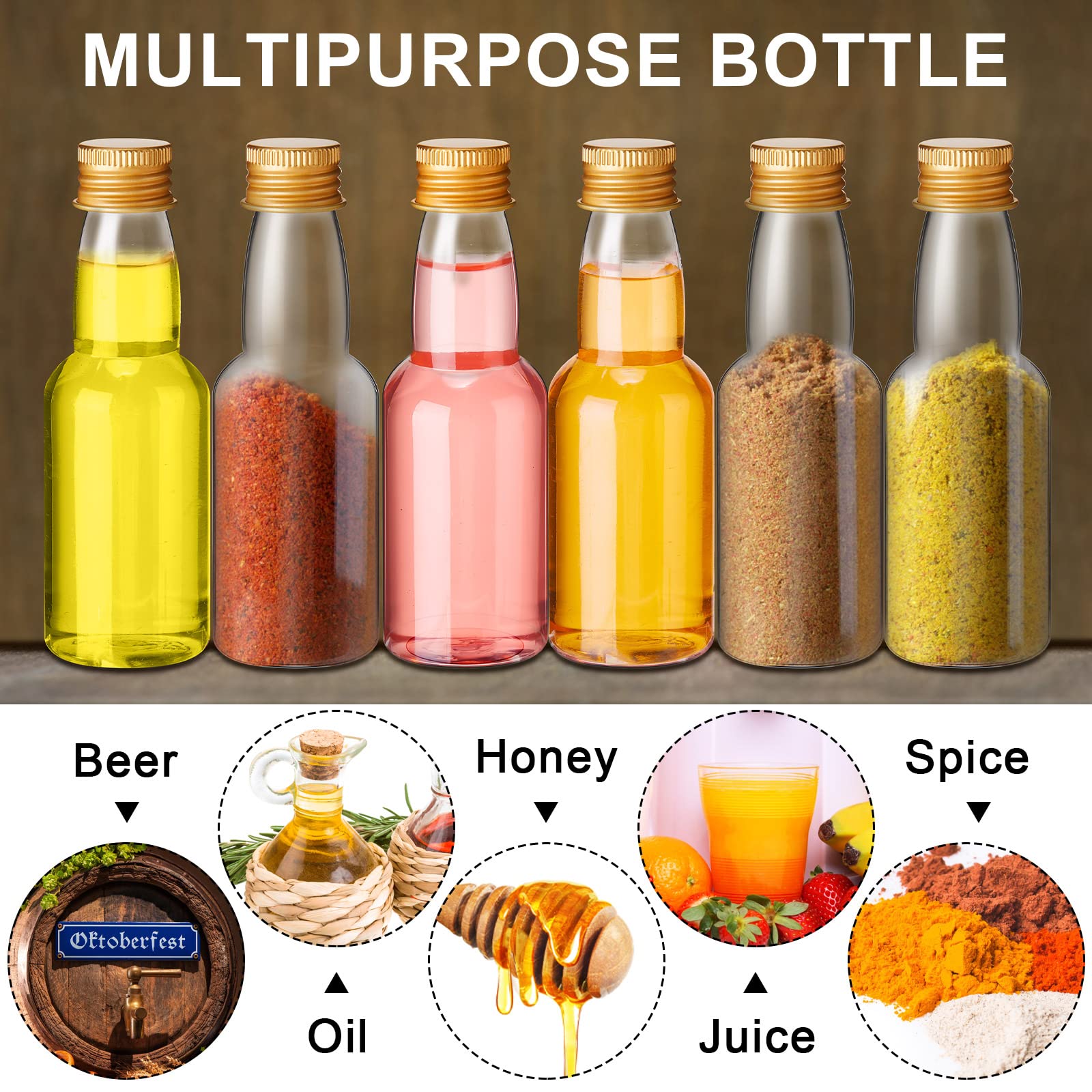 120 Pcs Mini Liquor Bottles Airtight Shot Miniature Empty Plastic Alcohol Spirit Shot Bottles with Funnels for Party Favors, Weddings(2 oz,Gold)