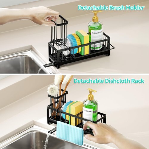 HapiRm Sponge Holder - Self-Draining Kitchen Sink Caddy with Brush & Dishcloth Holders | Black Stainless Steel