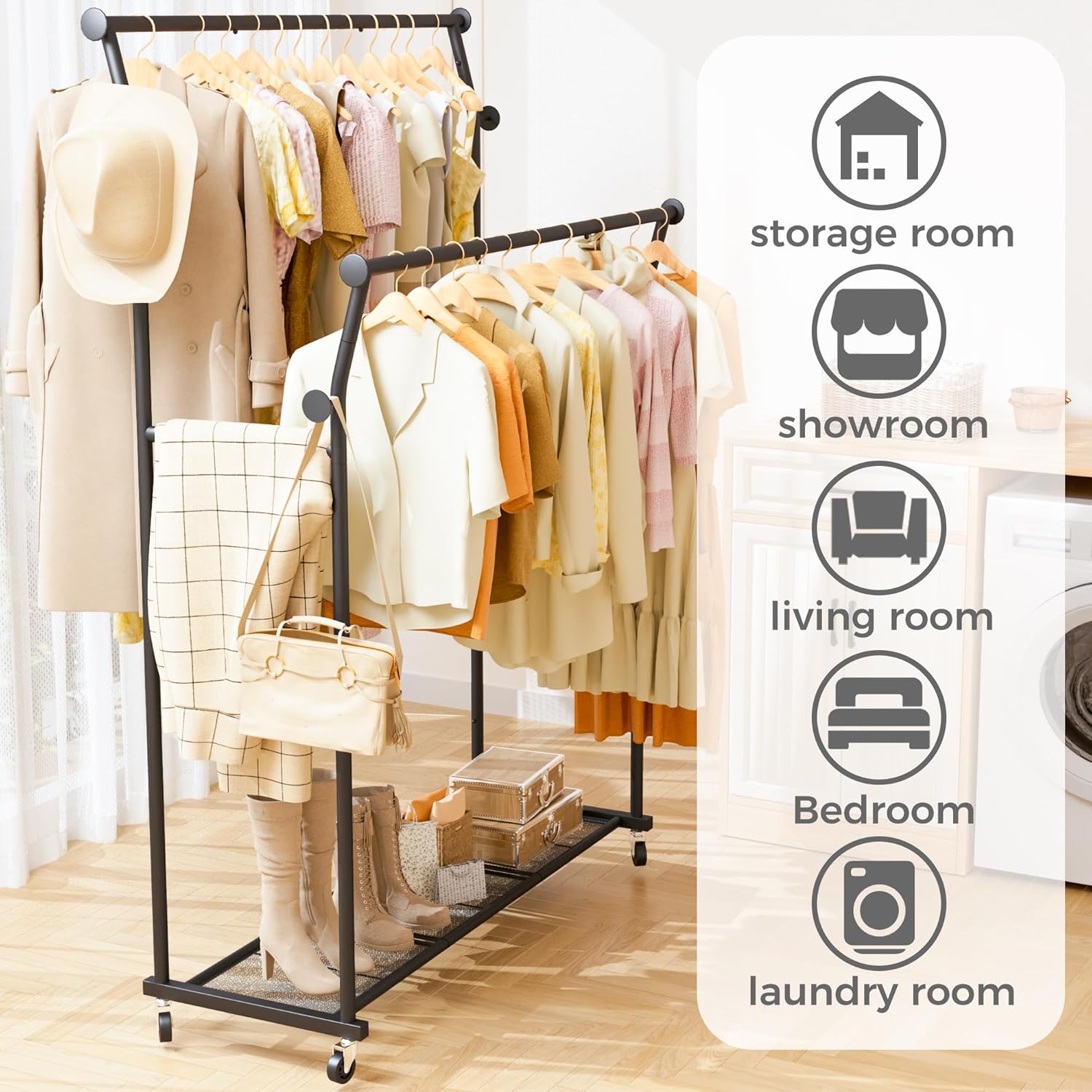 Skiennix Double Rods Clothes Rack - Portable Rolling Garment Rack with Hooks & Mesh Shelf | Black