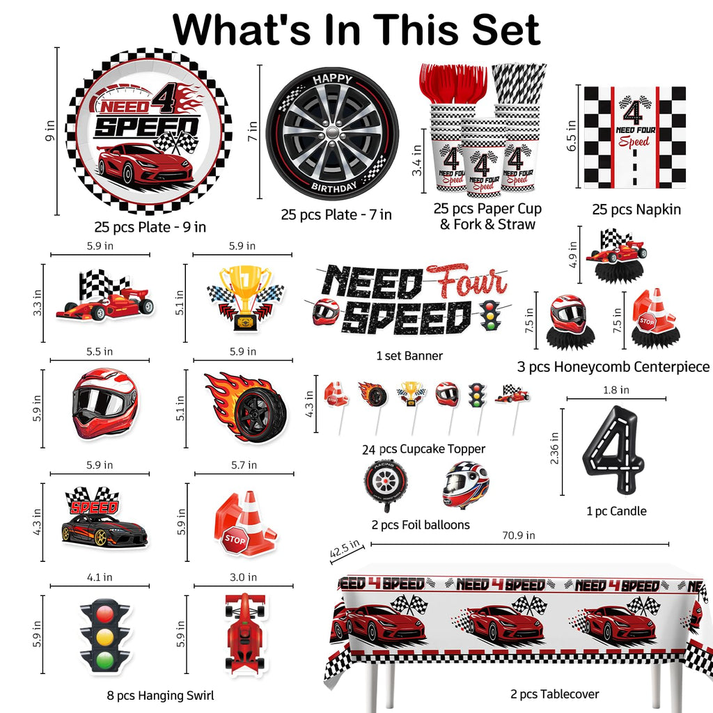 Need Four Speed Birthday Decorations Banner 4th Race Car Cake Topper Racing Balloons Plates and Napkins Need 4 Speed Decorations 4th Birthday 4 Year Old Boy Decorations