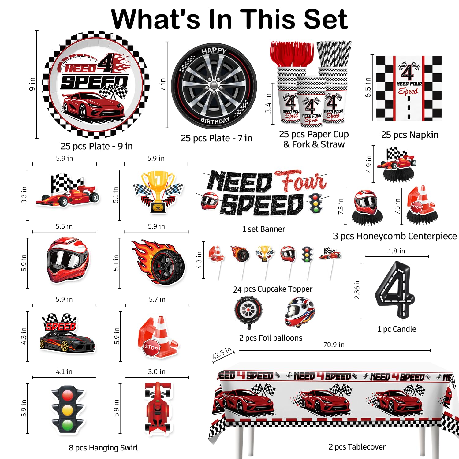 Need Four Speed Birthday Decorations Banner 4th Race Car Cake Topper Racing Balloons Plates and Napkins Need 4 Speed Decorations 4th Birthday 4 Year Old Boy Decorations