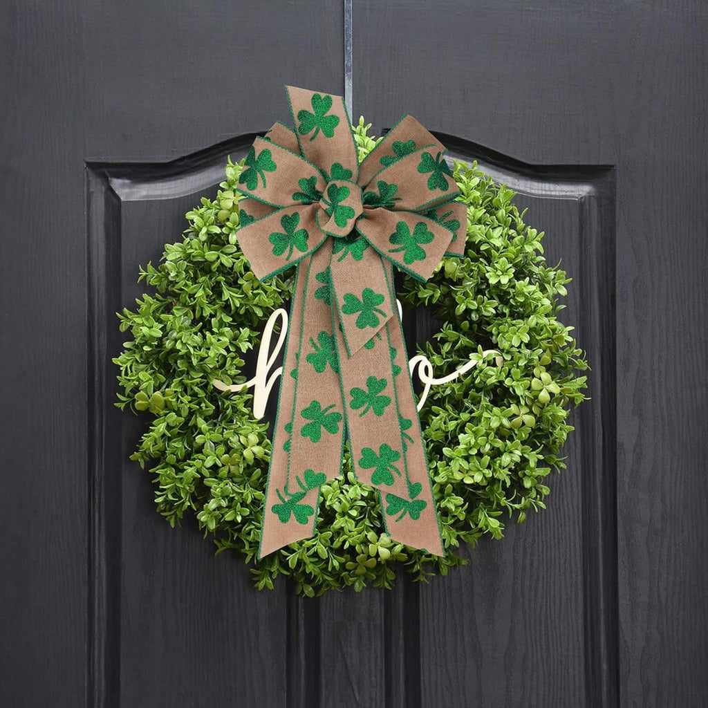 Meseey St. Patrick's Day Wreath Bow - 24 x 10 Inch Green Clover Burlap Shamrock for Door Decor | Irish Party Decor