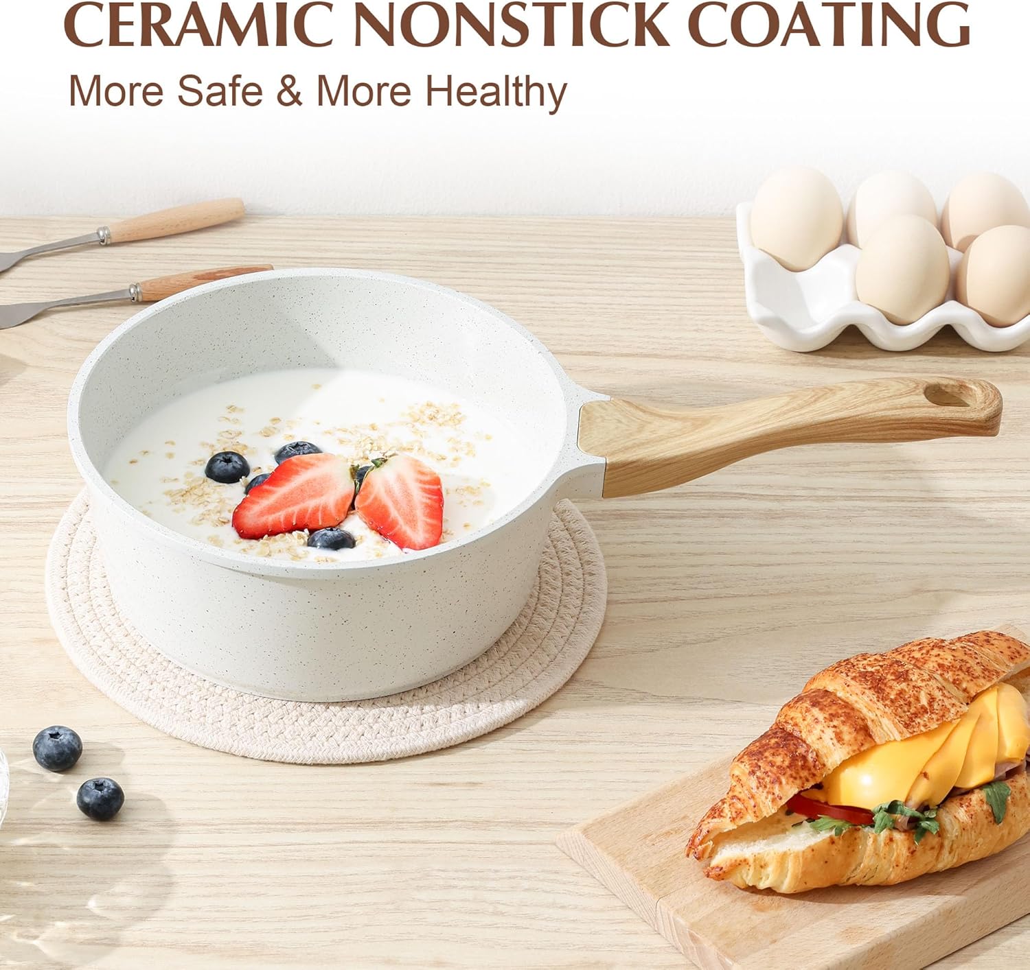 SENSARTE Nonstick White Ceramic Saucepan Set - Induction Compatible Cooking Pots with Stay Cool Handles | 2.0QT & 2.5QT