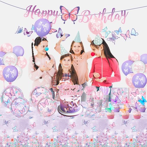 LINHAXM 4 Pack Butterfly Tablecloths, Butterfly Birthday Decorations for Kids' & Girls' Birthdays, Disposable Table Covers, 54 x 108 Inche