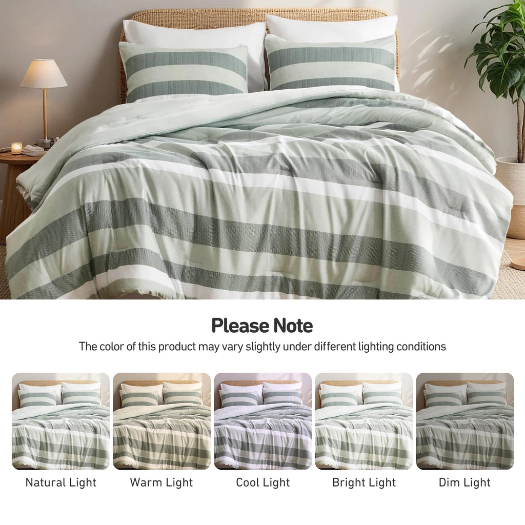 Regency Heights Full/Queen Size Comforter Set Sage Green - 3 Pieces Modern Striped Quilt Bedding for Dorm All Season Soft Lightweight Reversible Bed Set with Comforter & Shams